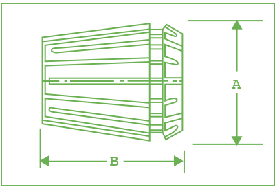 diagram showing height (as B) and width (as A) of Centaur ER 8 collet